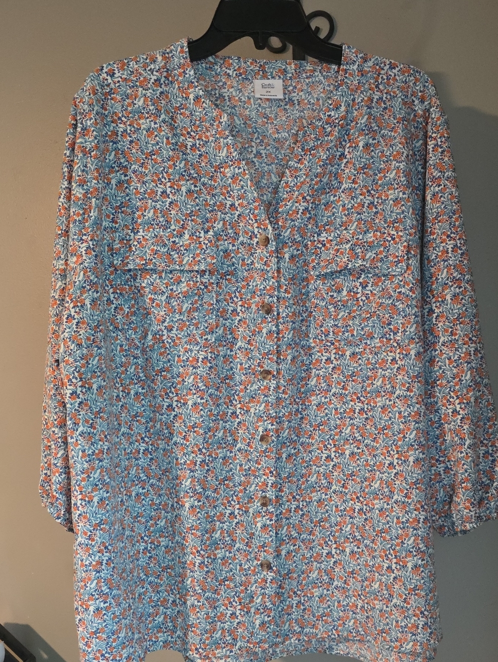 croft & barrow Blue and Orange Floral Button-Up Blouse 2X
